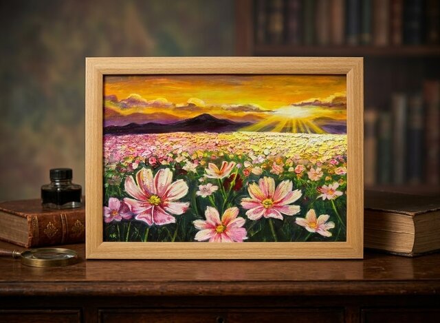 油彩画 原画「一期一会の朝光」A4サイズ額付｜秋桜 コスモス畑 朝焼け
