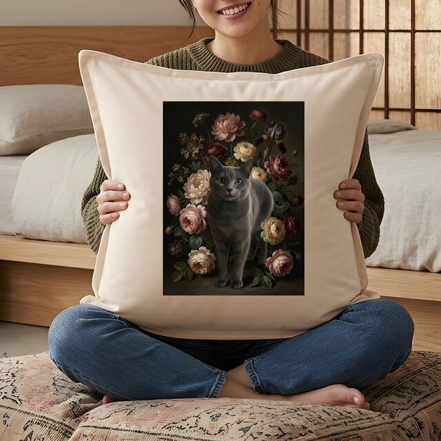 猫（シャルトリュー）クッション 45cm 花の油絵風カラーアート | iichi
