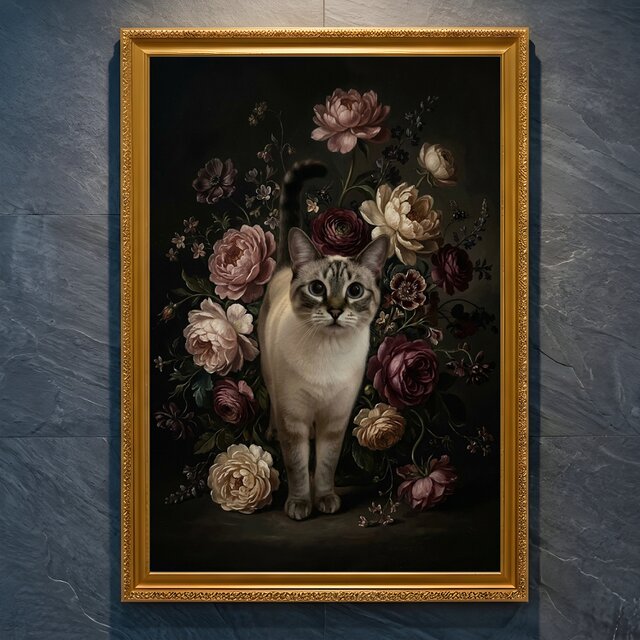 猫（シャム猫）の花に囲まれた油絵風アート A4金縁額装インテリア