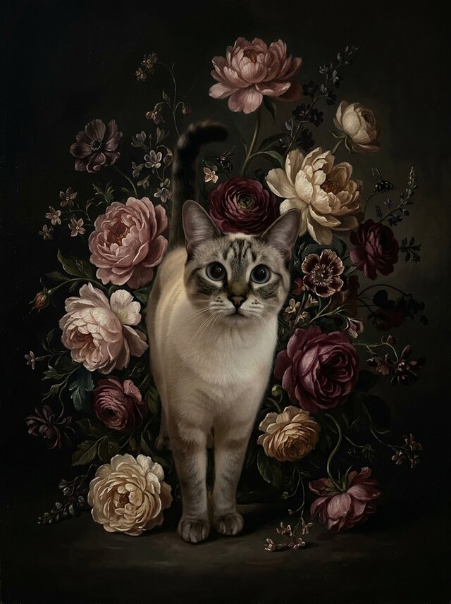 猫（シャム猫）の花に囲まれた油絵風アート A4金縁額装インテリア