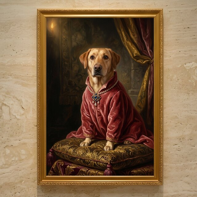 アンティークわんちゃん画壁掛けレア物 犬（ラブラドールレトリバー）のルネサンス風肖像画 A3額装インテリア