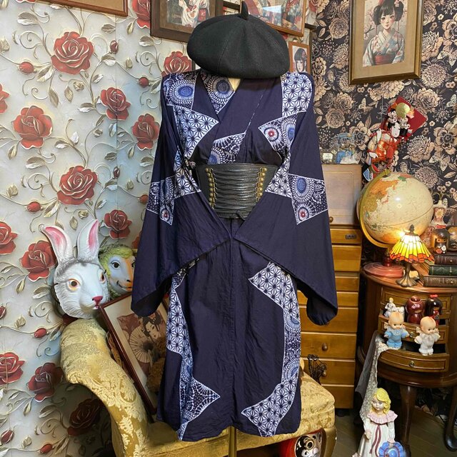 訳あり】浴衣リメイク ワンピース 綿100％ 紺 麻の葉 花火文様 W-804