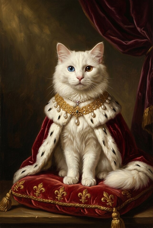 猫（ターキッシュアンゴラ）のルネサンス風肖像画 A4額装インテリア