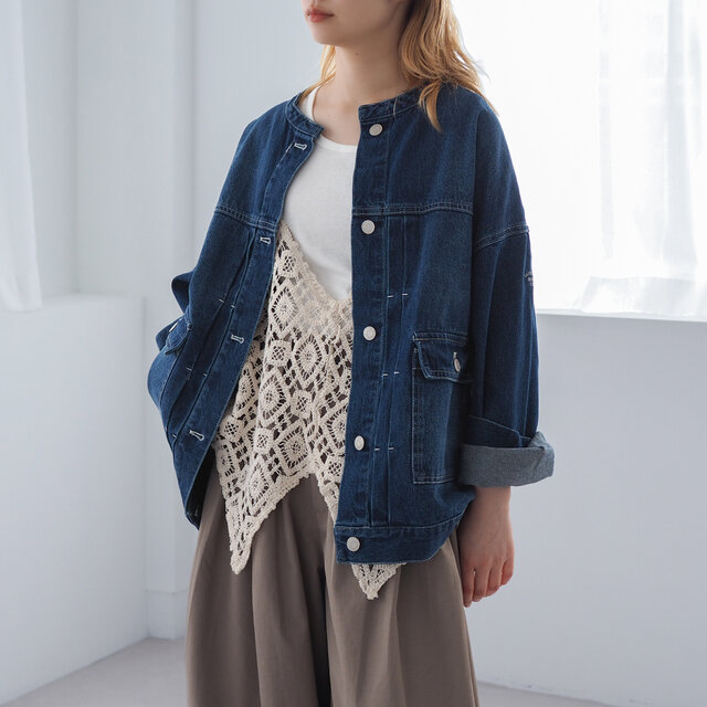 【美品】トゥデイフル TODAYFUL★デニムジャケット ドロップショルダー 大人のドロップショルダー ノーカラーデニムジャケット ブルー | iichi