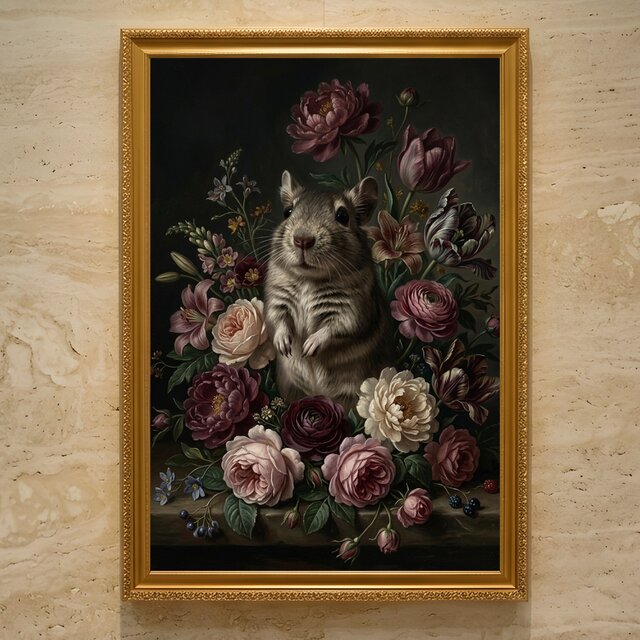 デグーの花に囲まれた油絵風アート A3額装インテリア壁掛け | iichi