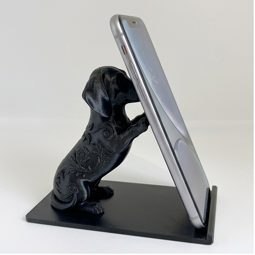 犬（ミニチュアダックスフンド）のスマホスタンド 卓上 シルクブラック