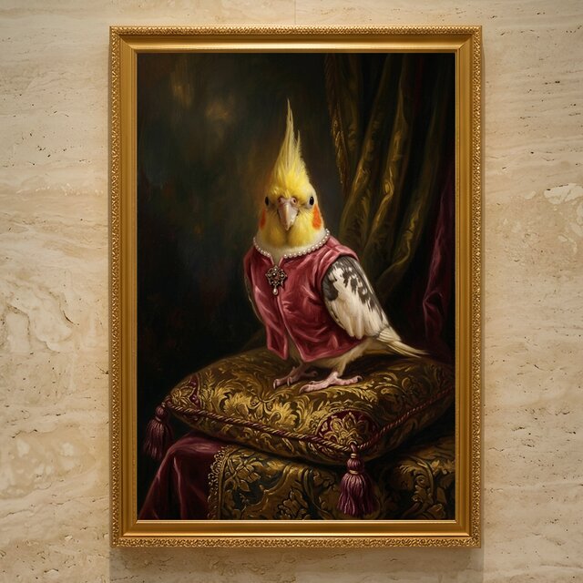 インコ（オカメインコ）のルネサンス風肖像画 油絵風アートA3額装