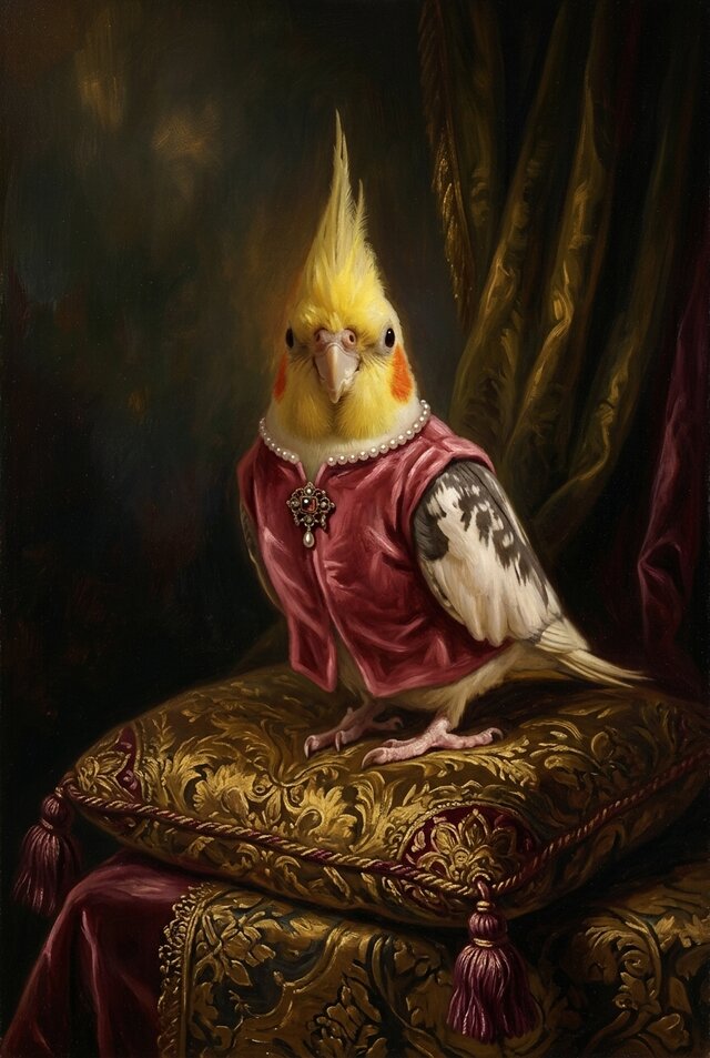 インコ（オカメインコ）のルネサンス風肖像画 油絵風アートA3額装