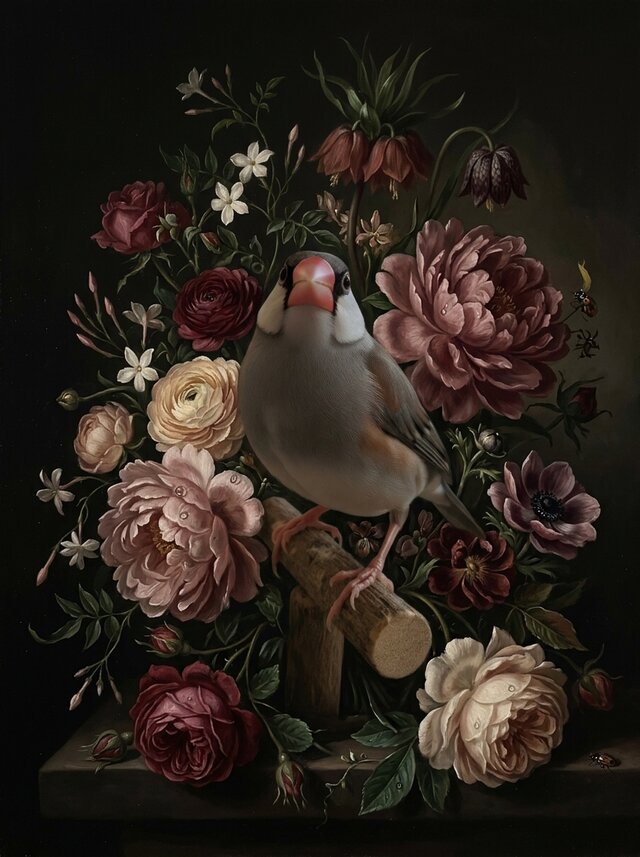 文鳥・ブンチョウの花に囲まれた油絵風アート A4額装インテリア壁掛け