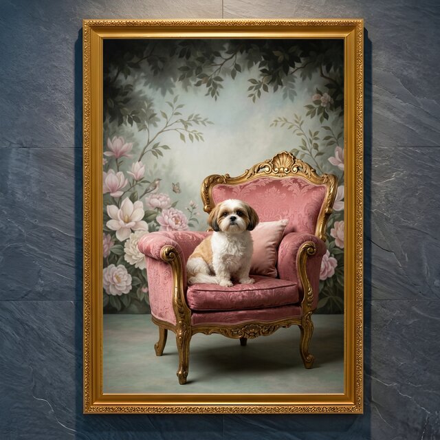 犬（シーズー）のロココ調シャビーピンクアート A4金縁額装インテリア