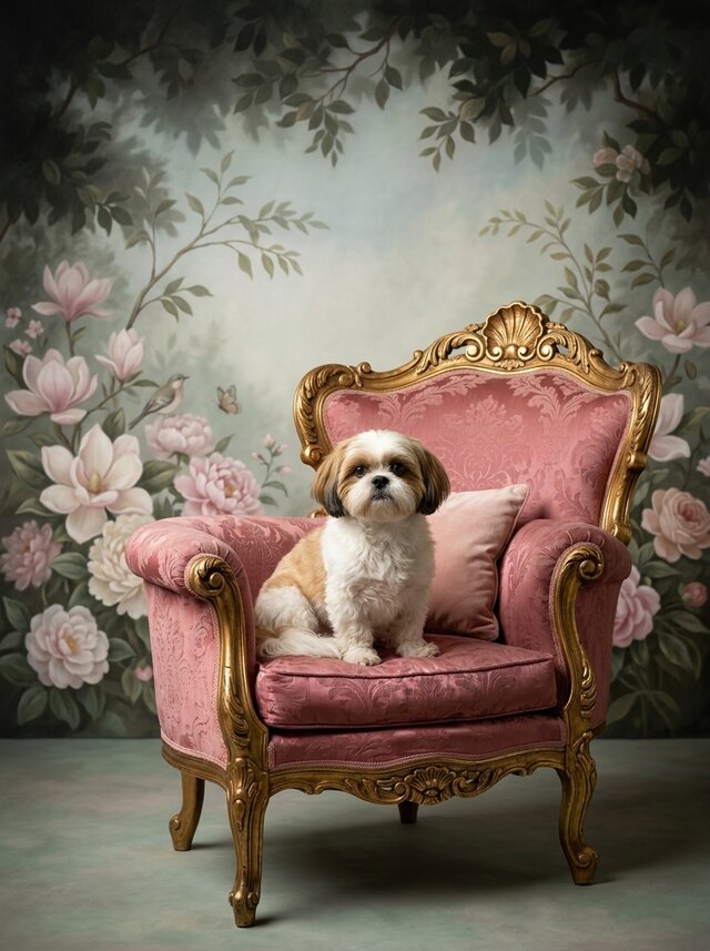 犬（シーズー）のロココ調シャビーピンクアート A4金縁額装インテリア