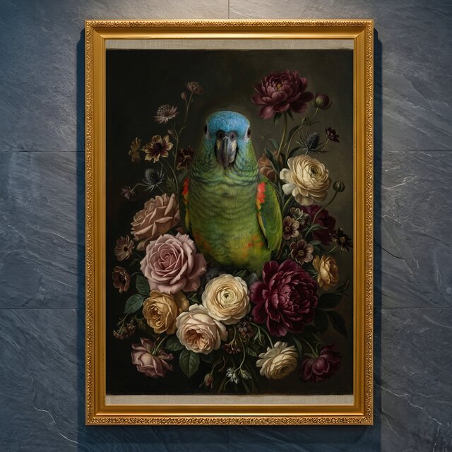インコ（アオボウシインコ）の花の油絵風アート A4金縁額装インテリア