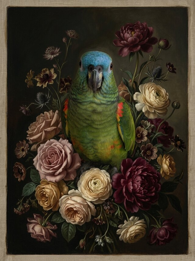インコ（アオボウシインコ）の花の油絵風アート A4金縁額装インテリア