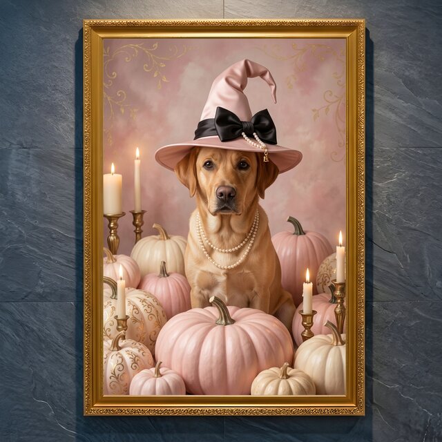 犬（ラブラドールレトリバー）のハロウィン限定アート A4金縁額装