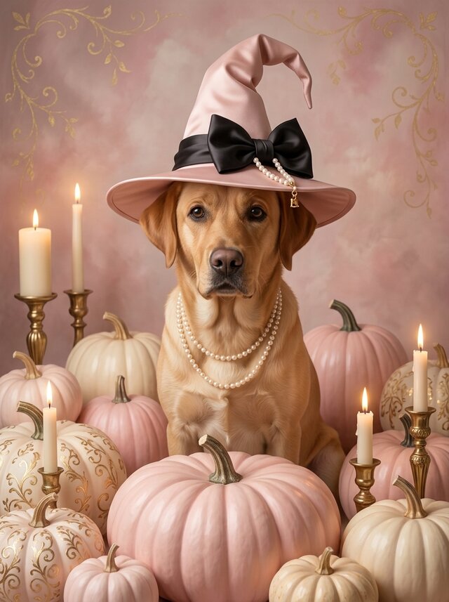 犬（ラブラドールレトリバー）のハロウィン限定アート A4金縁額装