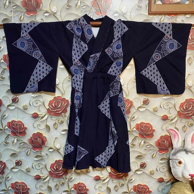 訳あり】浴衣リメイク ワンピース 綿100％ 濃紺 麻の葉 花火文様 和洋