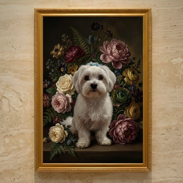 犬（マルチーズ）の花に囲まれた油絵風アート A3額装インテリア壁掛け
