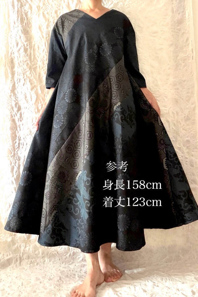 大島紬 パッチワークドレス 袖7分丈 襟ぐりVカット 着物リメイク