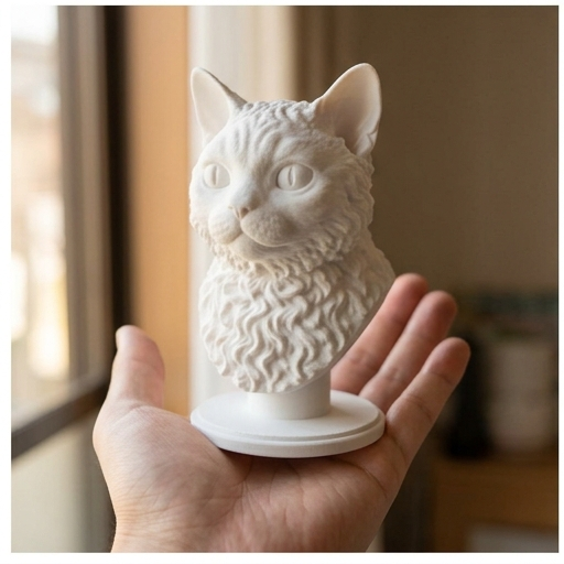 猫（セルカークレックス）の3Dプリント胸像 白PLA 彫刻 置物