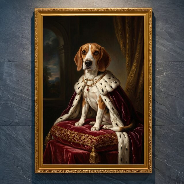 犬（ビーグル）のルネサンス風肖像画 油絵風アートA4金縁額装