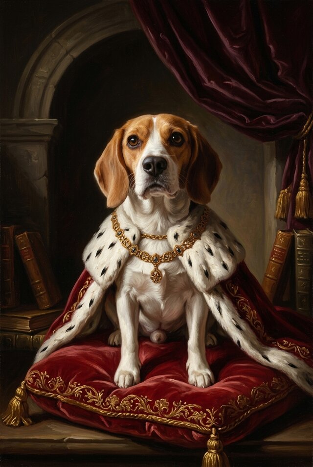 犬（ビーグル）のルネサンス風肖像画 油絵風アートA3額装インテリア