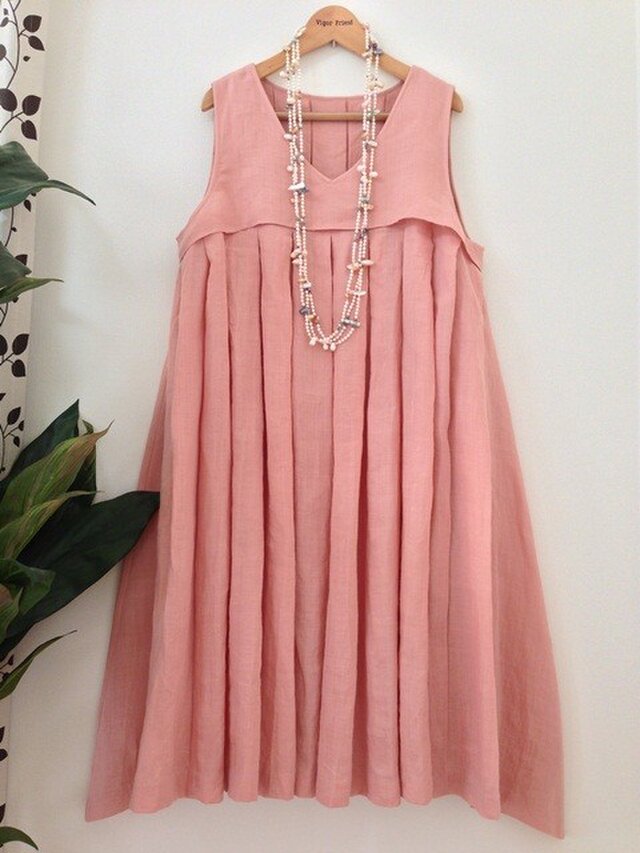 春★ハンドメイド　上質リネン ノースリーブタックOP★一枚限定