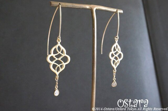 【14KGF】Earrings,Matt Gold Oriental Filigree,CZ Teardropの画像1枚目
