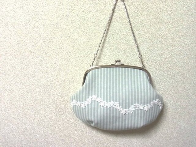 【h様ご注文品】がまぐちバッグ - ストライプ&お花レース -の画像1枚目