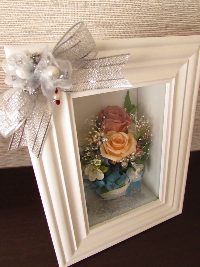 大輪ローズ＆あじさいプリザ入りリボンフレーム