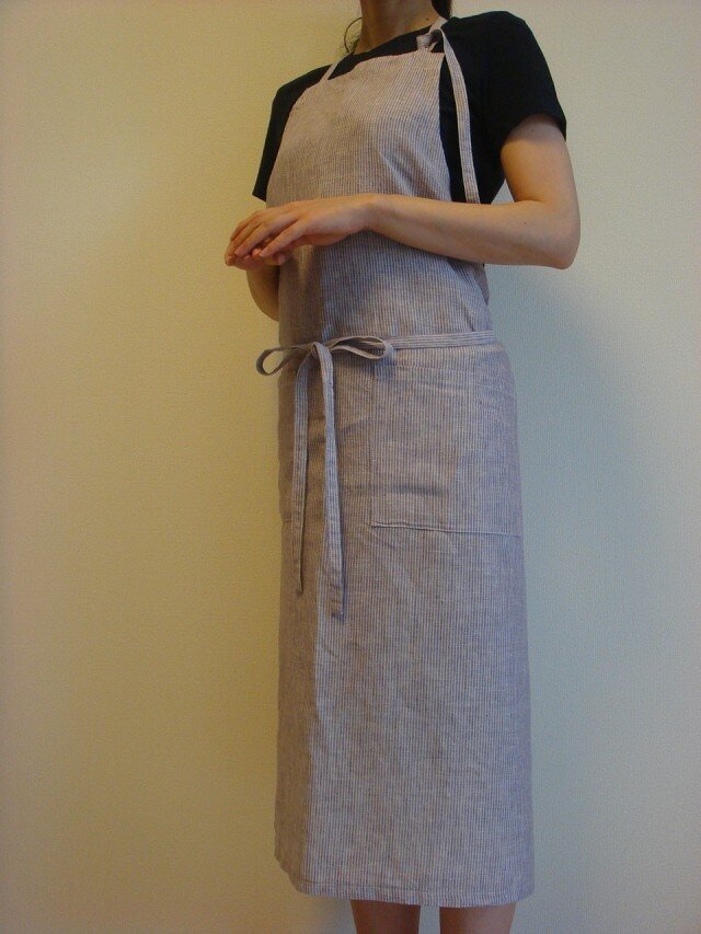 ☆リネン：丈93ｃｍ　グレイッシュパープルストライプのエプロン☆