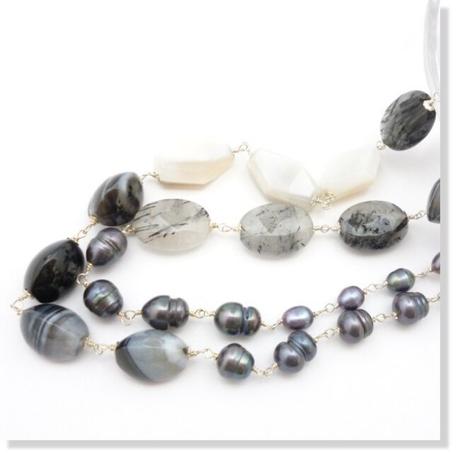 sv925 トルマリンクォーツ＆淡水パール*ロングネックレス