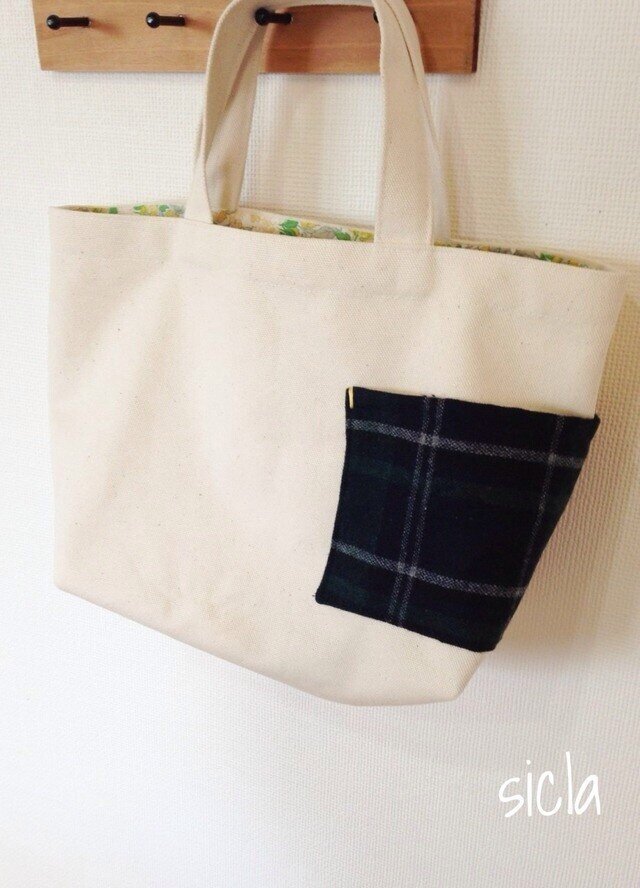 ぐるりポッケのミニ帆布トート(生成り×チェック)A