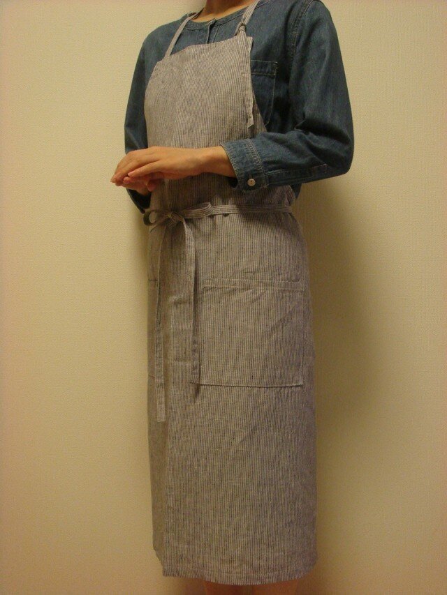 ☆リネン：丈89ｃｍ　ブルーストライプのエプロン☆