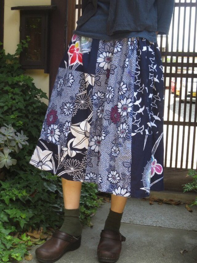 夏値下げ！浴衣スカート☆華やかシックにいろいろパッチ73㎝丈