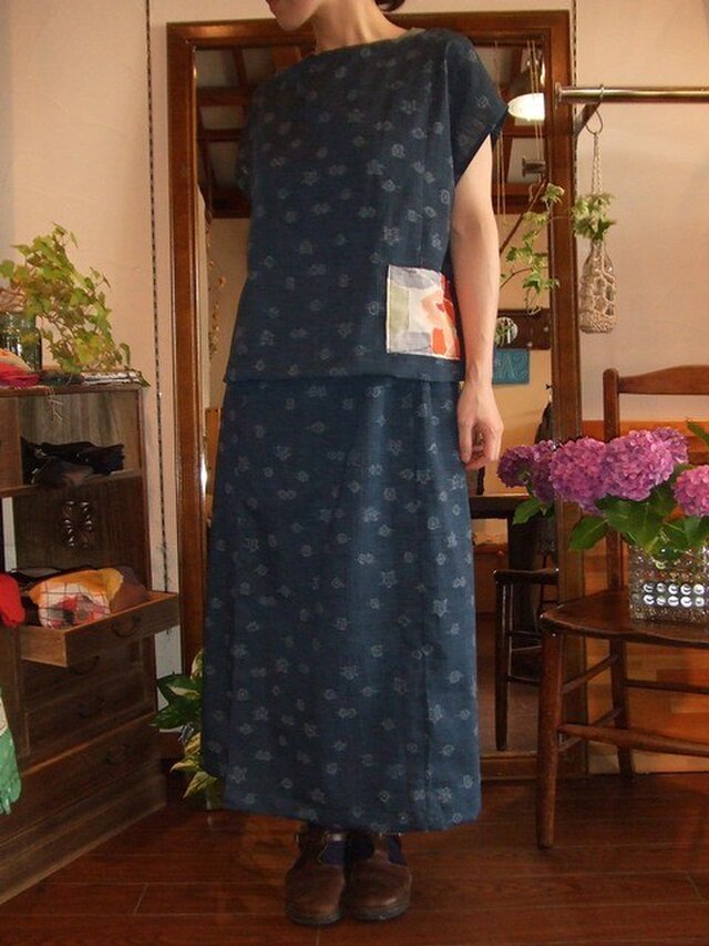 サラサラ夏紬リメイク☆着物風ワンタックロングスカート♪