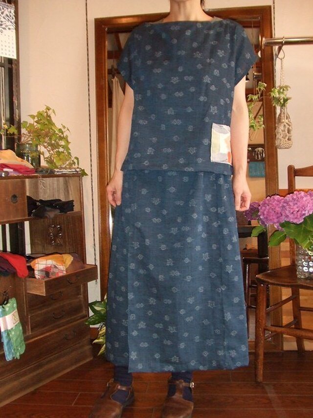 値下げサラサラ夏紬着物でリメイクブラウス☆涼しいフレンチ袖