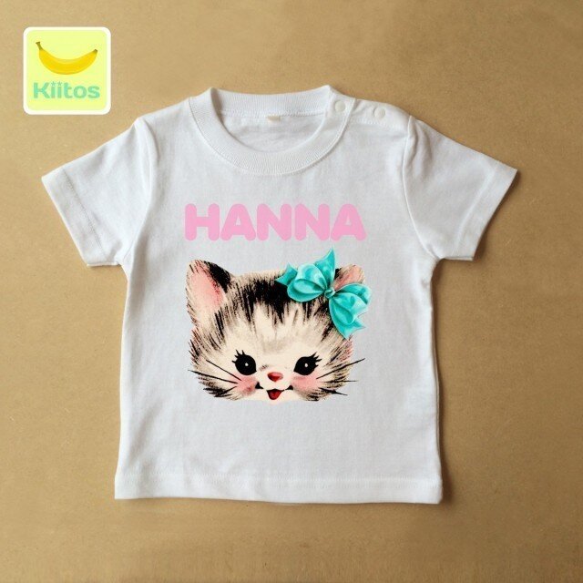 (size70～120)名前入りTシャツ【水色リボンネコ】