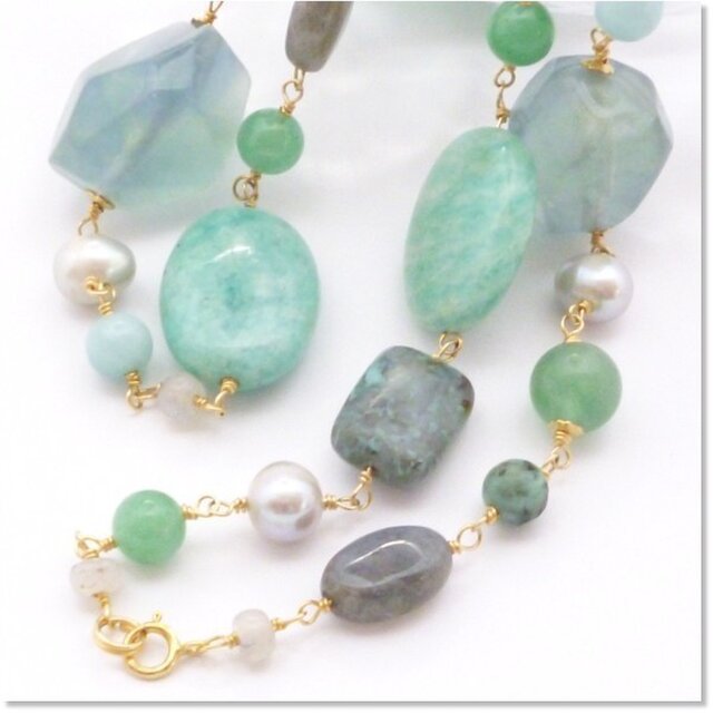 k14gf　クリソプレーズ＆フローライト*セミロングネックレス