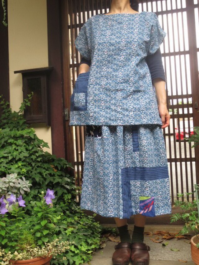 浴衣ブラウス☆ボートネックフレンチ袖大きなポッケもバック可愛い♪