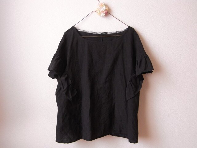 LINEN フリルチュニック *ブラック* size FREEの画像1枚目