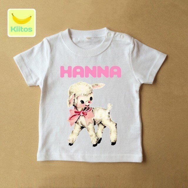 (size70~120)名前入りTシャツ【ピンクリボン子羊】の画像1枚目