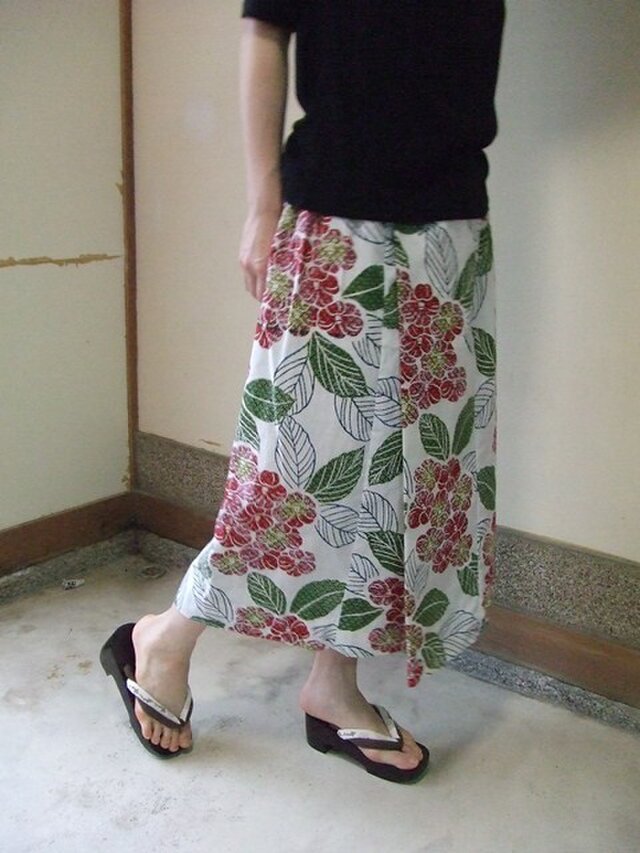ゆかたリメイク☆紫陽花☆着物みたいな打ち合わせのギャザースカート