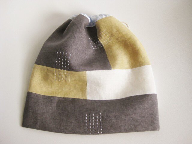 リネンの巾着袋 yellow&greyの画像1枚目