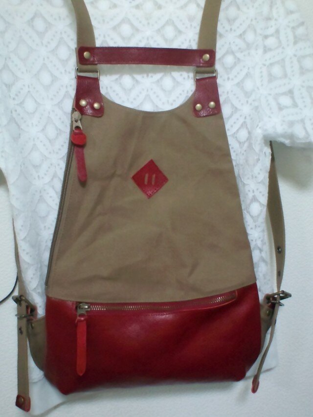 SOLD 10号ハンプパラフィン加工と革のリュックの画像1枚目