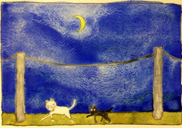 オリジナル水彩画「月夜のお散歩」の画像1枚目
