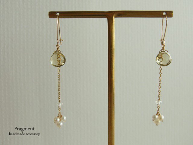SOLD オリーブクォーツ*etc3WAYピアスK14gfの画像1枚目