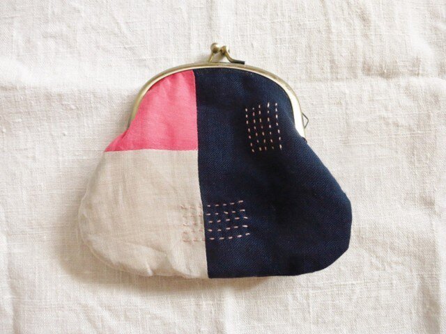 がま口ポーチ pink&dark blueの画像1枚目