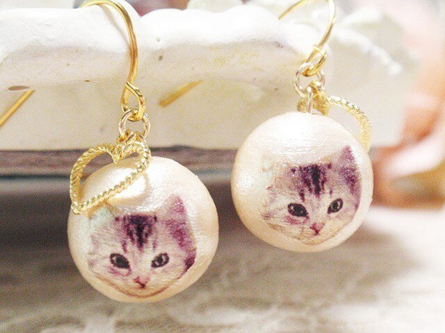 パールねこハートピアス☆イヤリング変更可能☆ネコ好きさん☆ | iichi