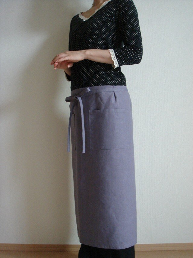 ☆リネン：丈67ｃｍ　グレイッシュパープルのカフェエプロン☆