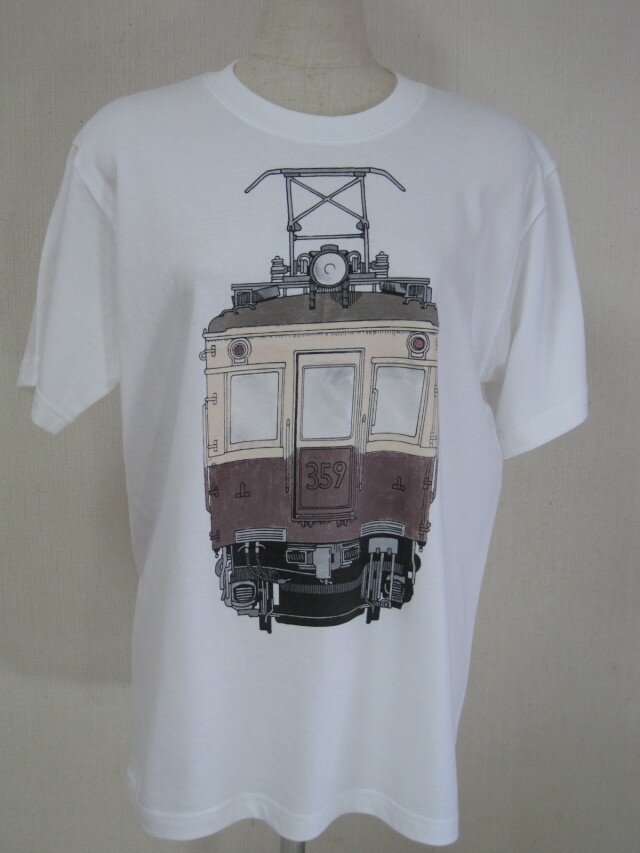 レトロの電車手描き半袖Ｔシャツ男性用  Ｍ・Ｌサイズ